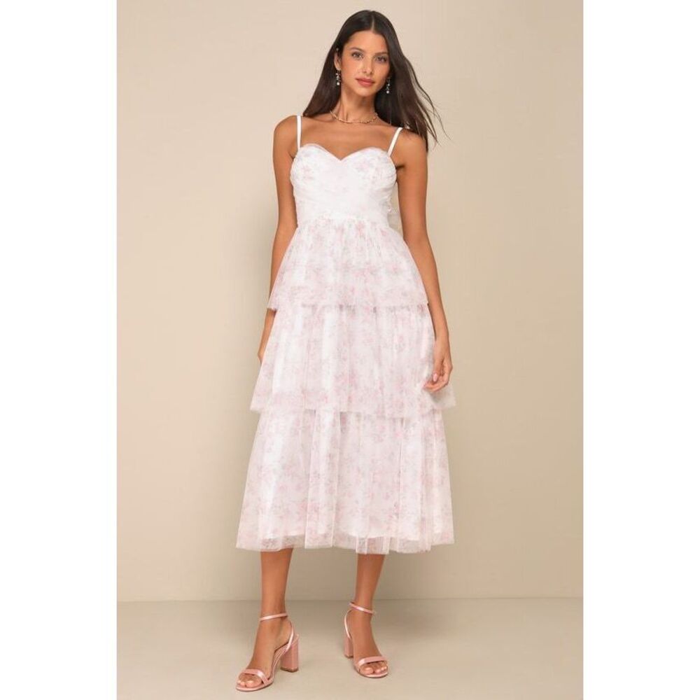 Lulus Romantic Babe White Floral Mesh Sleeveless Midi Dress - Size M